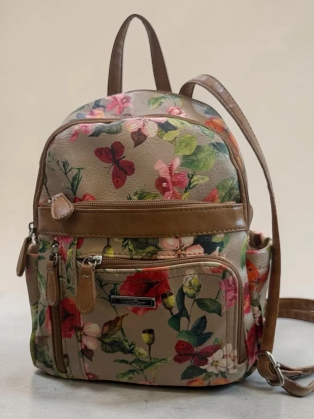 Floral Mini Backpack with Tan Trim - Beige Multicolor
